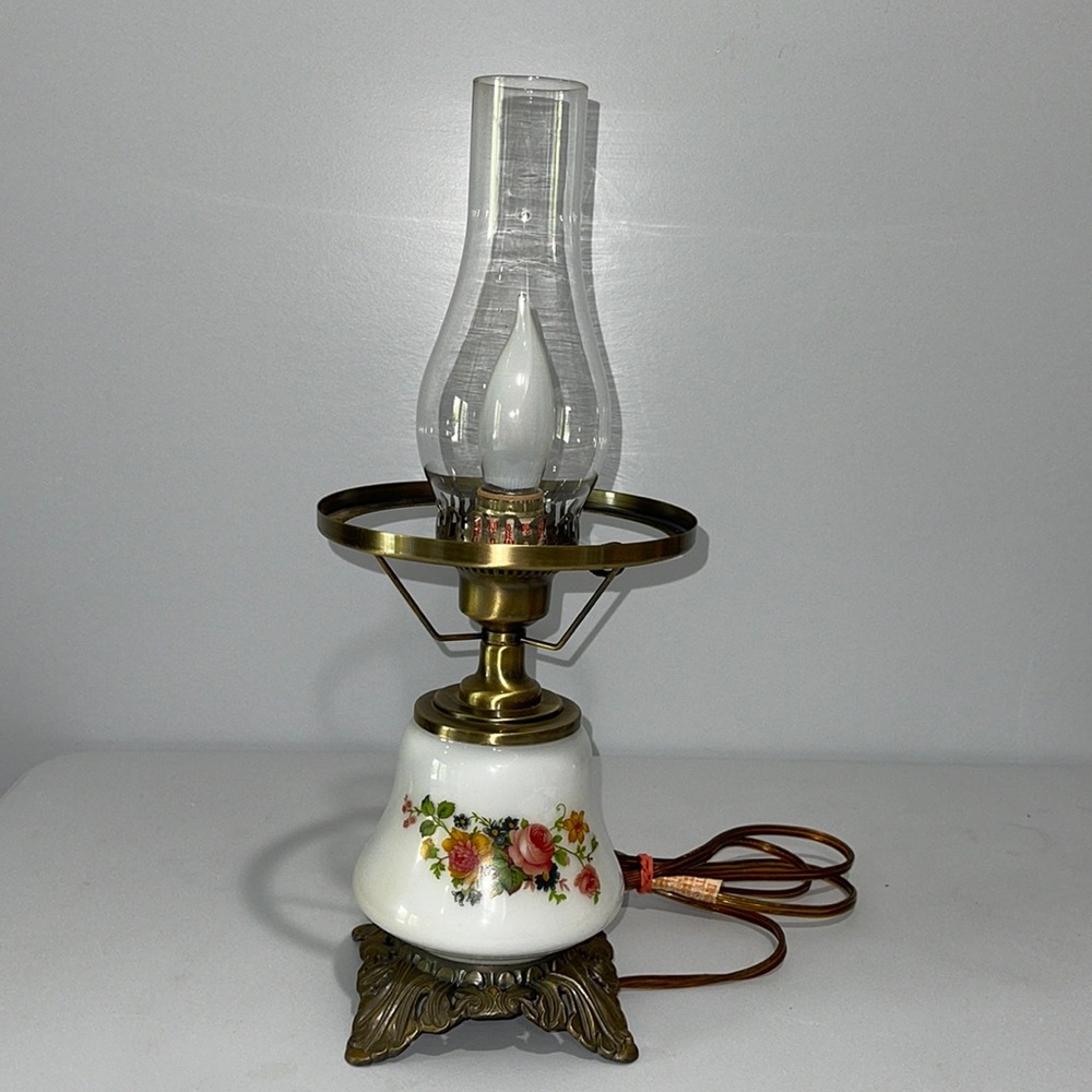 Vintage Milk Glass Floral Hurricane Parlor MCM Table Lamp Needs Globe